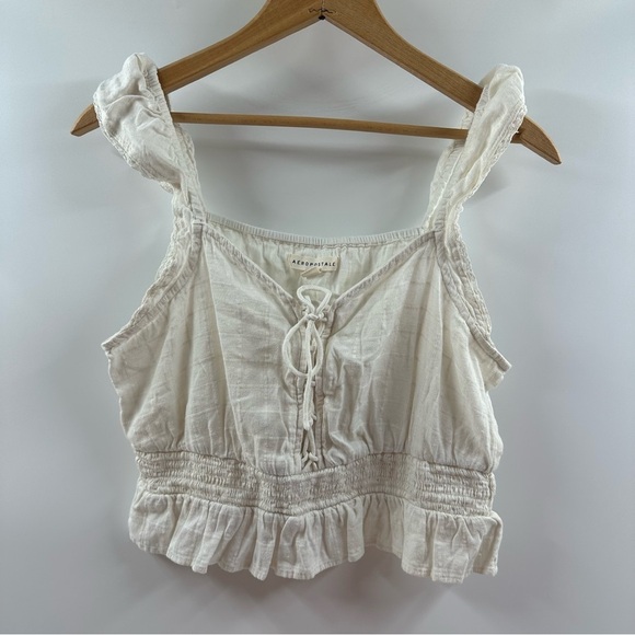 Aeropostale Tops - Aeropostale White Lace-Up Cropped Tank Top – Ruffled Straps, Size Medium